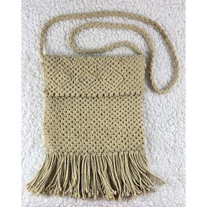 VTG Macrame Ivory Crossbody Handbag Purse Crochet Fringe Hippie Boho Zipper